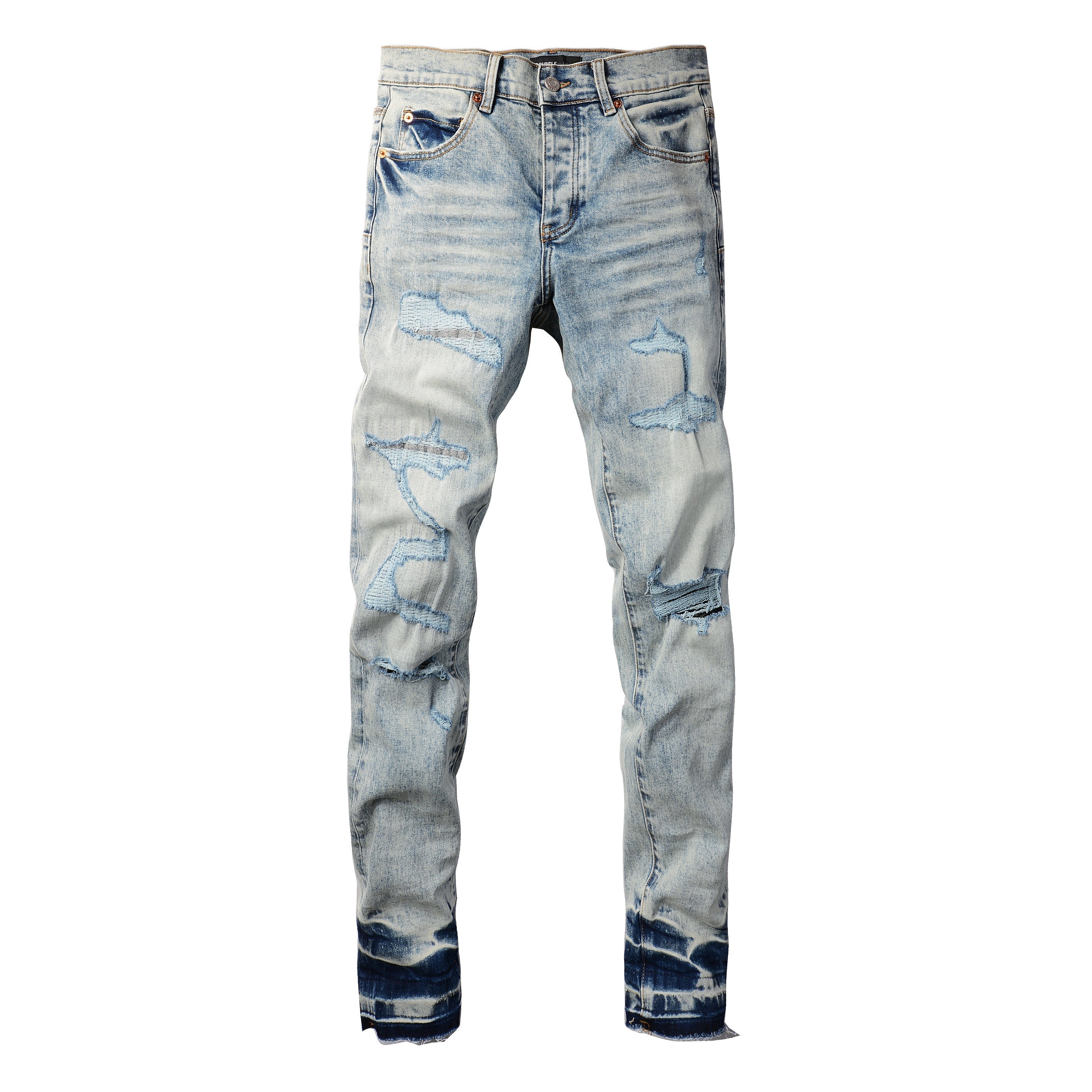 Purple Jeans Men Streetwear Jeans Distressed Light Blue Abstract Ripped Skinny 9093