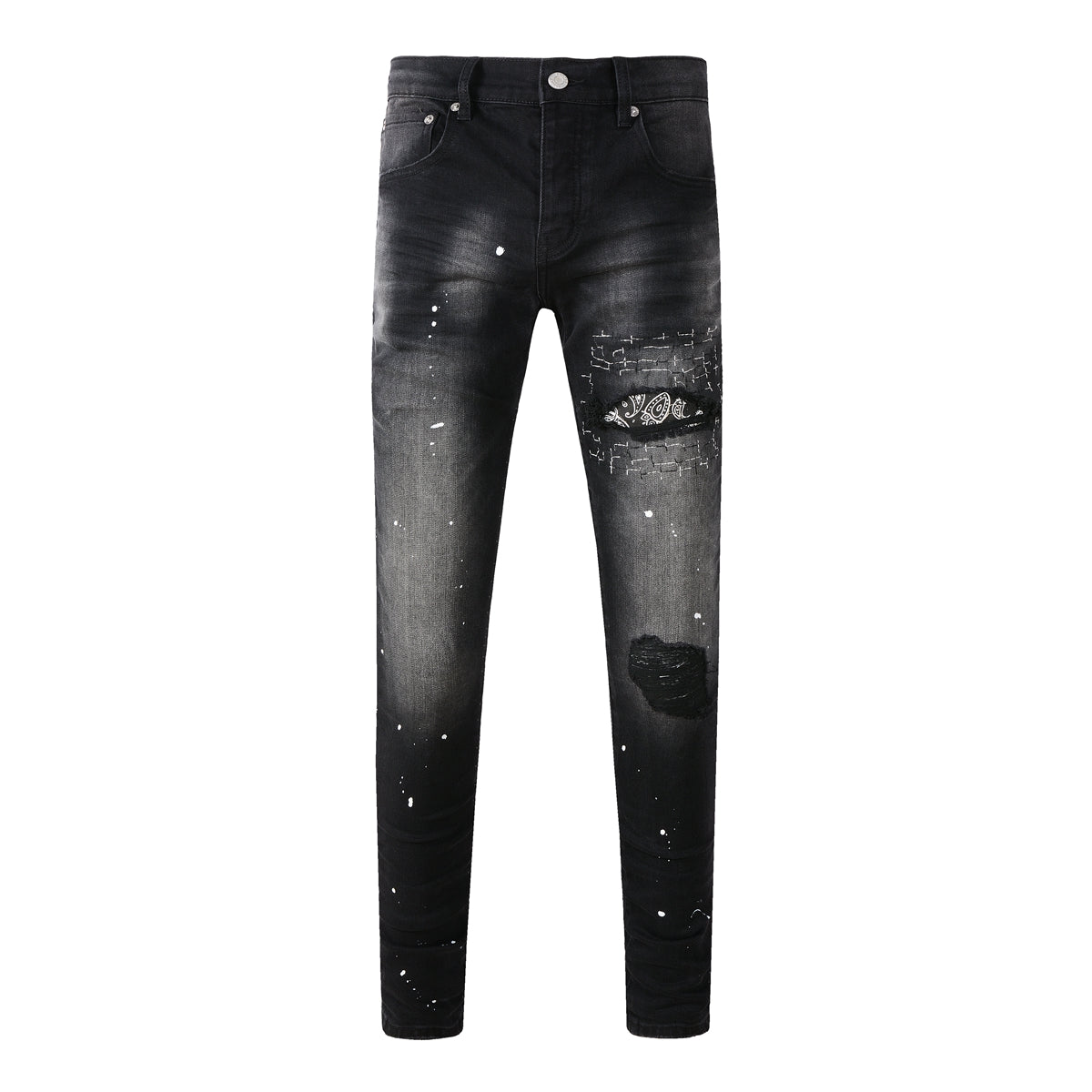 Purple Jeans Men Streetwear Jeans Distressed Black Paint Splash Patch Ripped Skinny 9099