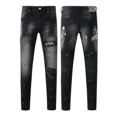 Purple Jeans Men Streetwear Jeans Distressed Black Paint Splash Patch Ripped Skinny 9099