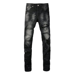 Purple Jeans Men Streetwear Jeans Distressed Black Paint Splash Patch Ripped Skinny 9099