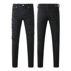 Purple Jeans Men Distressed Black Skinny Jeans with Heavy Ripped Design and Grunge Streetwear Vibe 9108