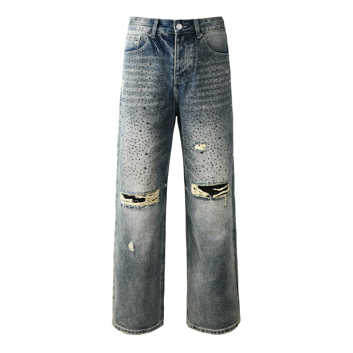 Purple Jeans Mens Designer Washed Blue Jeans Loose Fit with Crystal Embellishment and Edgy Ripped Look 9131