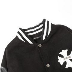 Chrome-Hearts Cross Embroidered Leather Sleeve Varsity Jacket - Black Street Style 116
