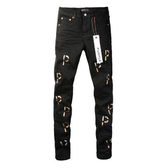 Purple Jeans New Black Letter Printing Vintage Personality Fashion Ripped Jeans 9008