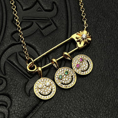 Chrome Hearts gold full diamond smiley face brooch necklace
