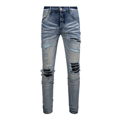 Purple Jeans Men's Slim Fit Black Jeans with Street Style Patches, Vintage Wash, and Ripped Details 6848